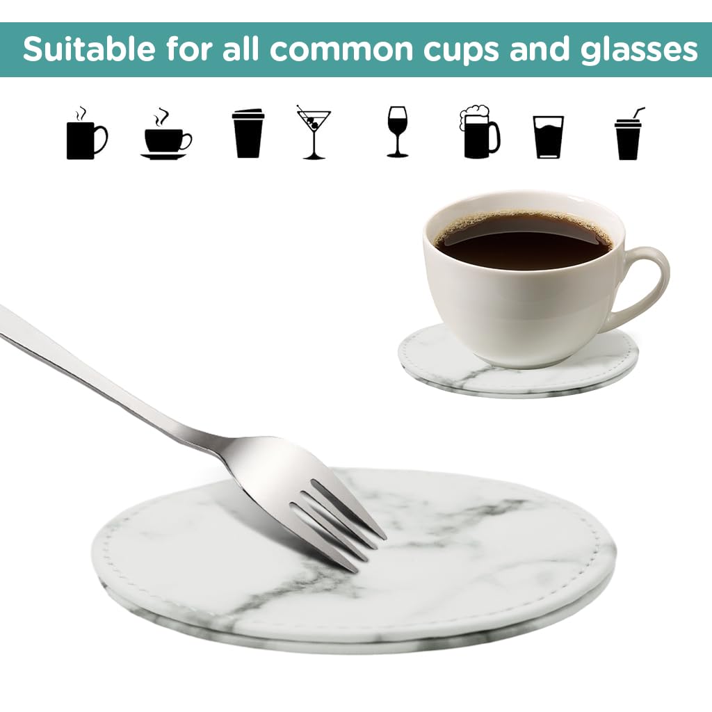 HASTHIP Leather Coasters for Drinks with Holder featuring Non Slip Cork Base | 6Pcs 3.9 in Marble Design