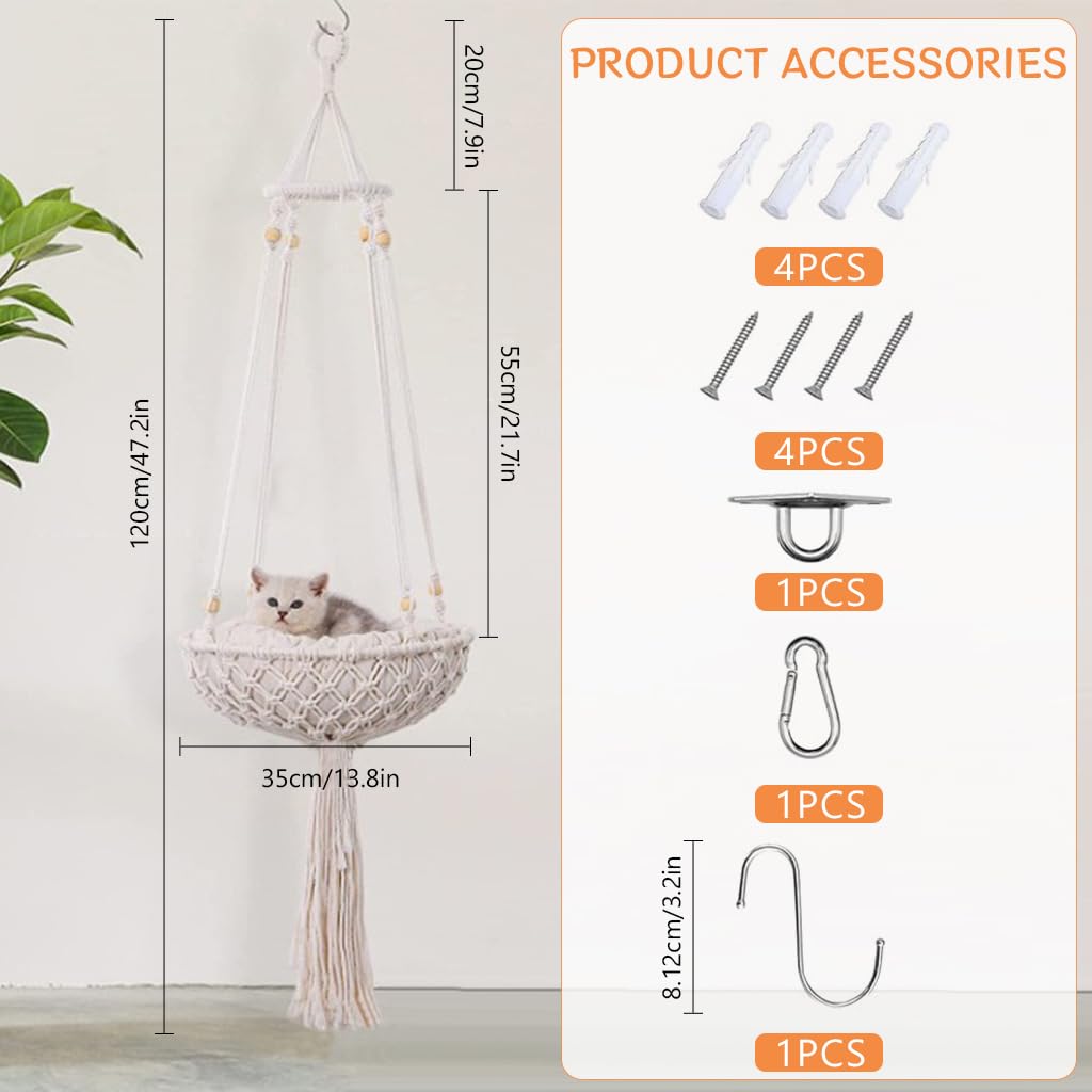 Qpets Ceiling Chair for Cat with Soft Cushion and 47.2 in Hanging Design | Boho Woven Bed