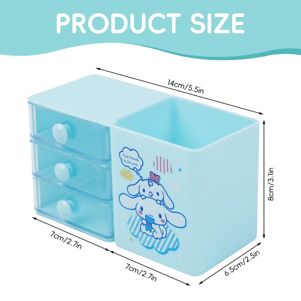 OFIFO Kawaii Cinnamoroll Desk Organizer Pen Holder with 3 Multi-Drawer Storage for Office Stationeries, Scrapbooking Supplies, Clips, Pens, Tapes, Accessories (Blue)