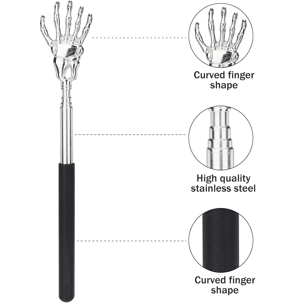 ZIBUYU Skull Hand Back Scratcher for Itch Relief with Telescopic 22–59cm Stick | Stainless Steel and Non Slip PVC Handle