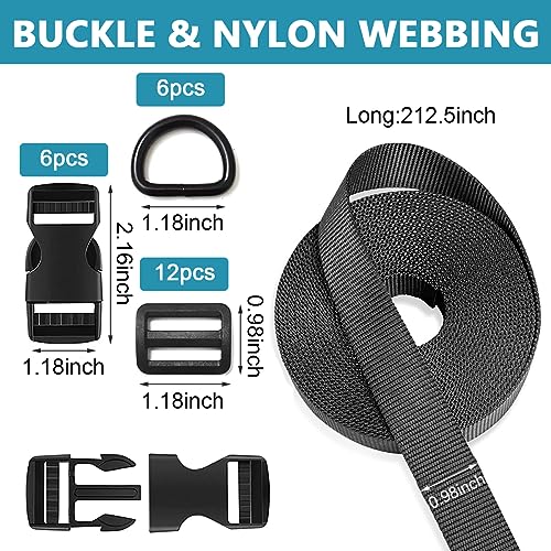 HASTHIP® Buckle Strap Set with 6 Yards Nylon Webbing, 6Pcs Metal D Rings, 6Pcs Quick Side Release Plastic Buckles, 12Pcs Tri-glide Slide Clip for DIY Making Luggage Strap, Backpack Repairing