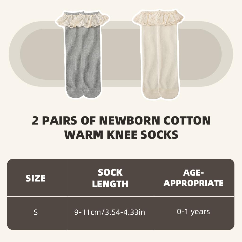 SNOWIE SOFT Baby Socks 2 Pairs for Newborn Girls with Lace Edge and Elastic Cuffs | Soft Cotton Knee High Design