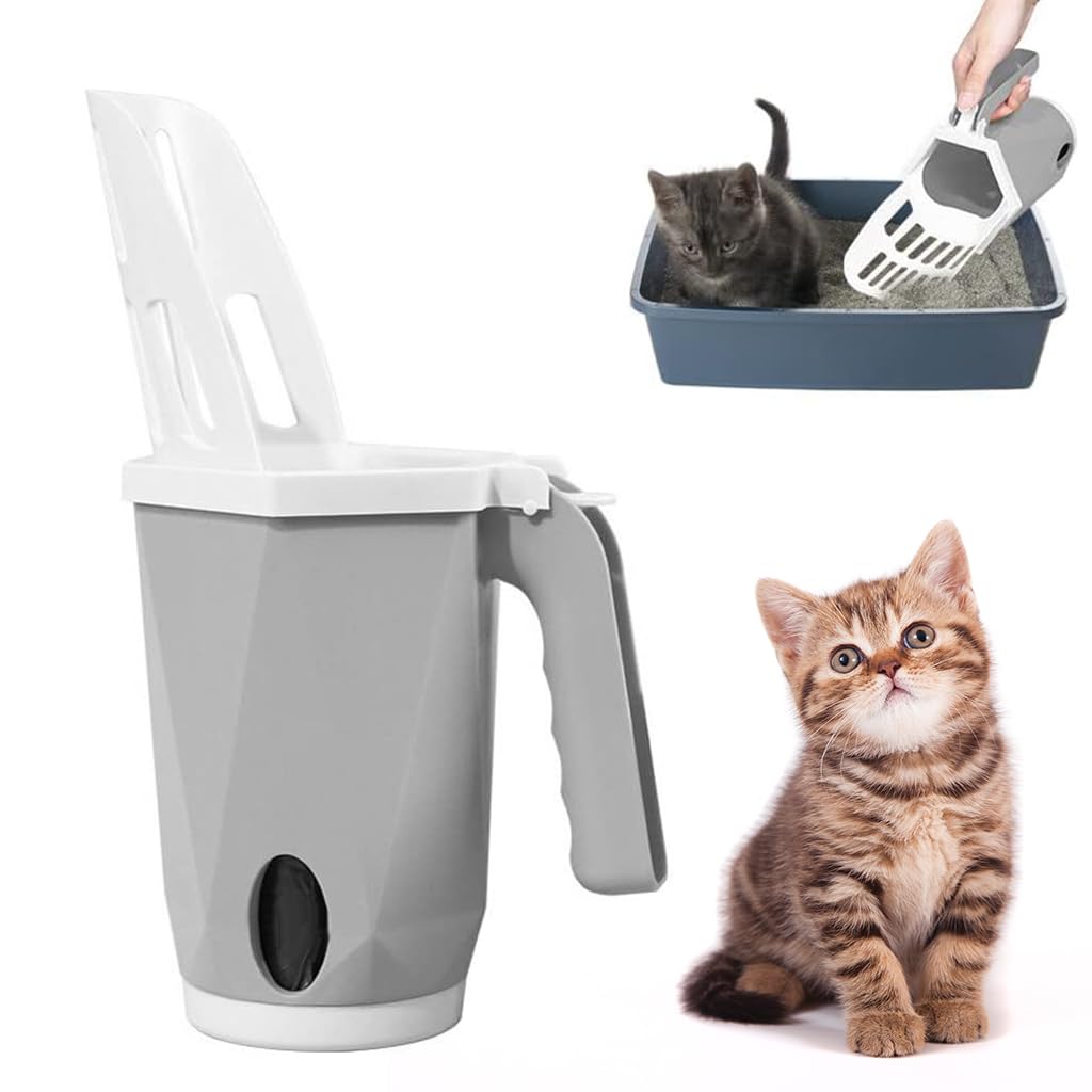 Qpets® Cat Litter Shovel, 3 in 1 Cat Litter Waste Bin Shovel with Waste Bag Dispenser Plastic Cat Litter Shovel with Intergrated Waste Collection Bin & Waste Bag Storage Dispenser