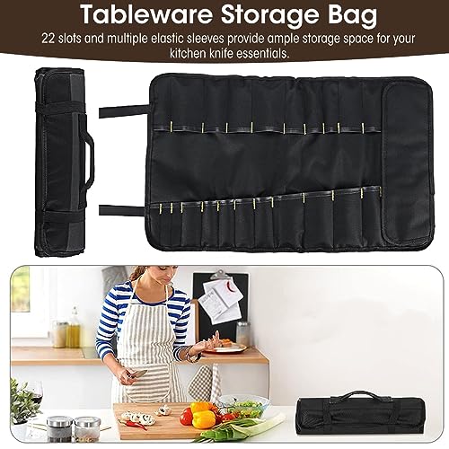 ZIBUYU® Fabric Kitchen Cutlery Organizer Bag with 22 Slots Professional Chef Knife Roll Anti Scratch Oxford Cloth Portable Traveling Accessories Black 3PCS