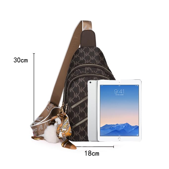 PALAY® PU Chest Bag for Women Fashion Vintage Printed Multi-Compartment Zip-up Shoulder Crossbody Travel Casual Sling with Charm 2 PCS