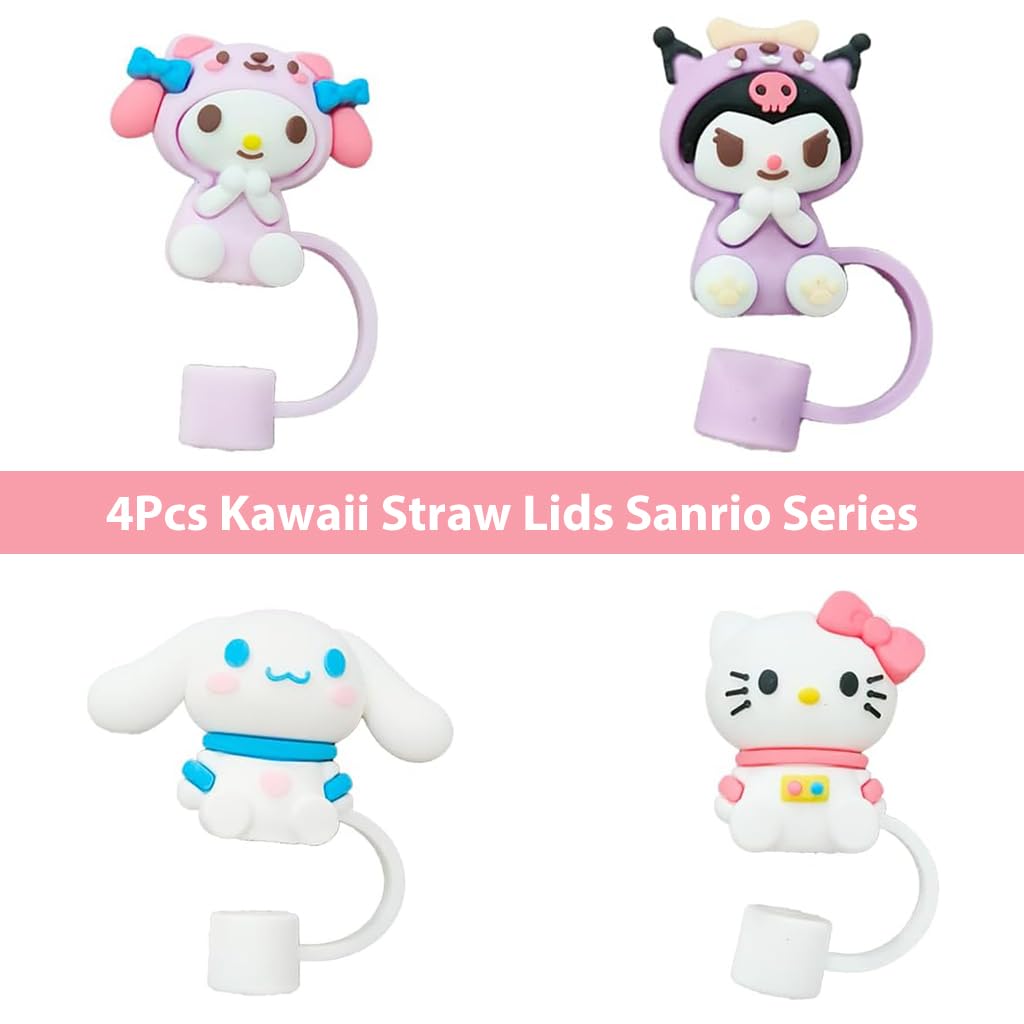 HASTHIP® 4Pcs Kawaii Straw Lids Sanrio Series Drinking Straw Lids Anti-lost Kids Straw Lids Universal 10mm Straw Lids Straw Cap for Stainless Steel Straw, Straight Straw, Curved Straw, Glass Straws