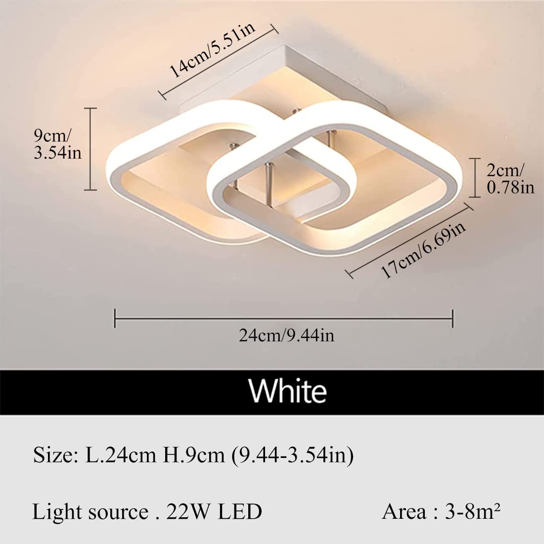 ELEPHANTBOAT LED Ceiling Light for Bedroom and Living Room with Dual Square Design 22W Warm White 3000K