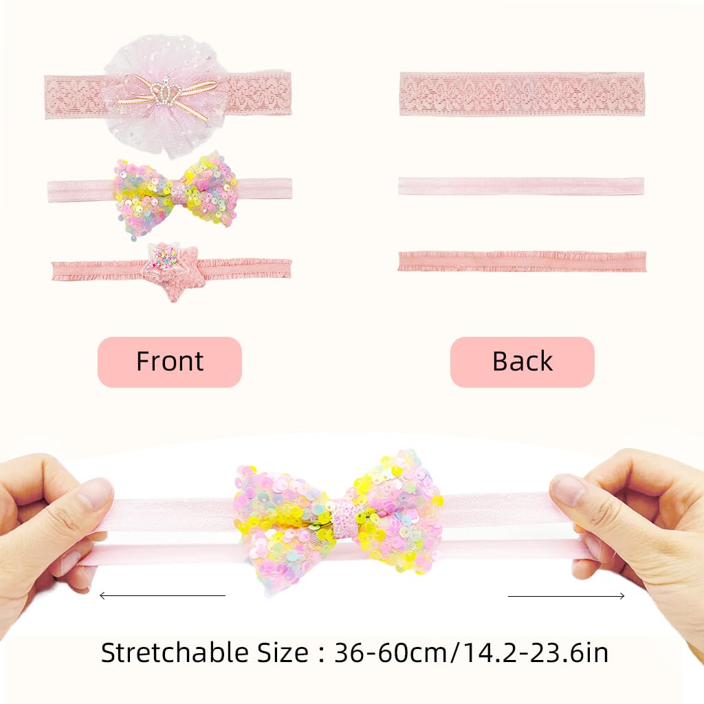 ZIBUYU Baby Girl Hairband Set for Newborn Photography with Lace Bows and Floral Designs | 3pcs Elastic Headbands