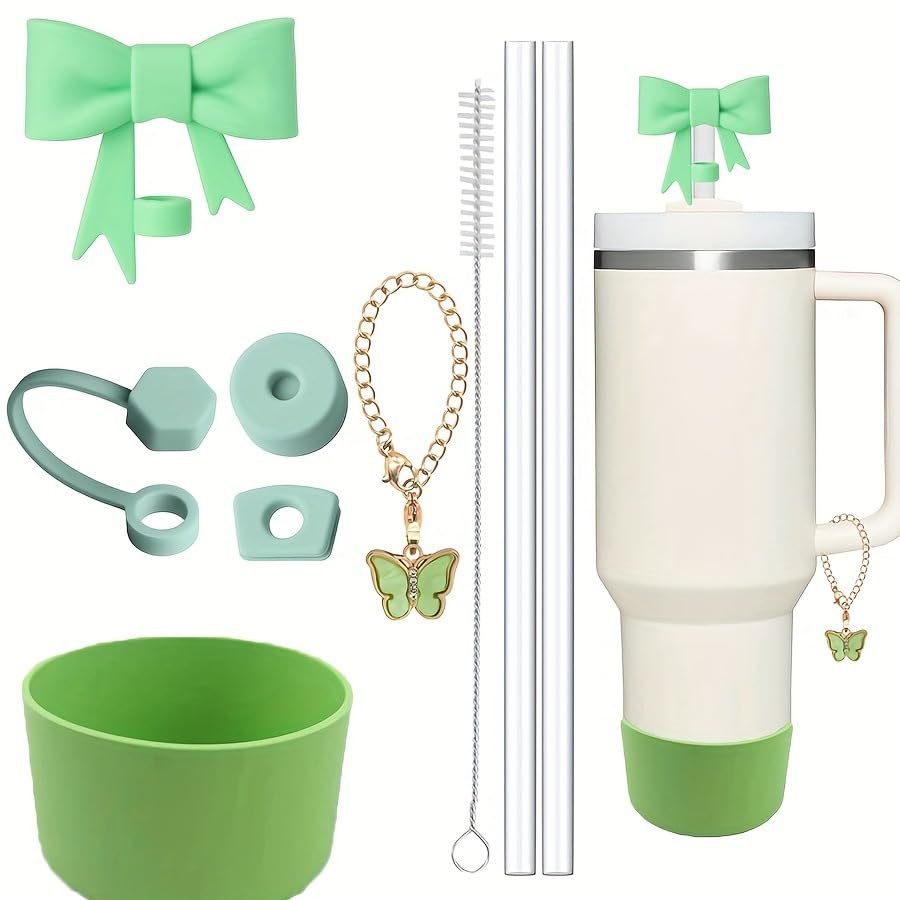 HASTHIP® for Stanley Cup Accessories & Charm Kit Set of 9Pcs Fashion Straw Accessories Kit Cute Bow Straw Cap, 2 Straight Straws, Cleaning Brush, Butterfly Handle Charm,（Green）