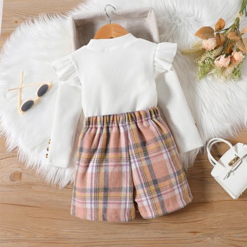 PALAY® Baby Toddler Girl Clothes Kit Girls Set of 2Pcs Top and Shorts Long Sleeve Ruffle Shirt Base Top and Plaid Skirt Shorts for Girls 3-4 Years Old, Size 110cm