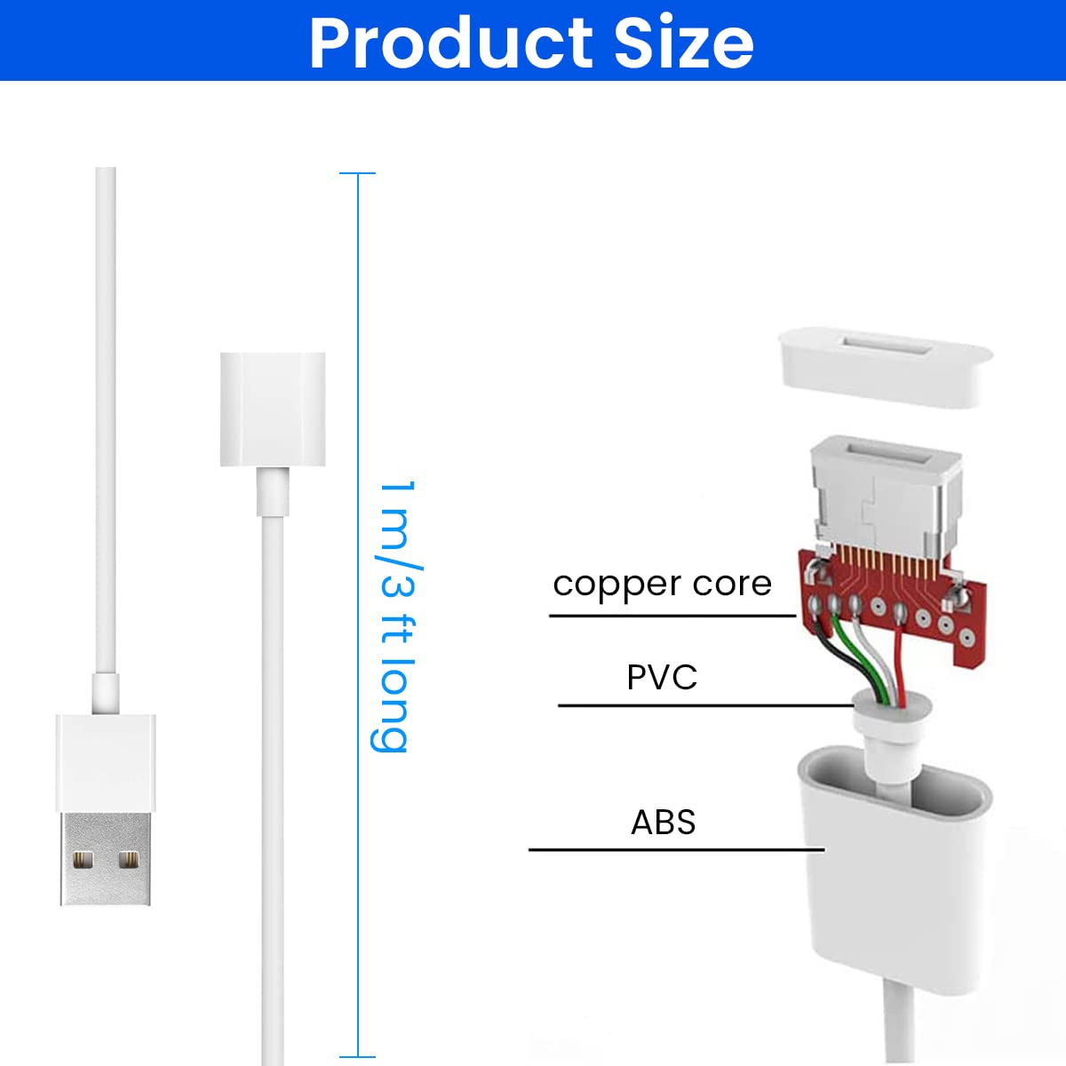Zeitel Charging Adapter Cable for Apple Pencil 1st Gen with Flexible PVC Connector 1 m White