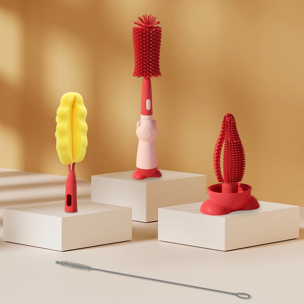 SNOWIE SOFT Bottle Cleaning Brush Set for Baby and Sports Bottles with Sponge Heads and Straw Brush | 4pcs Red