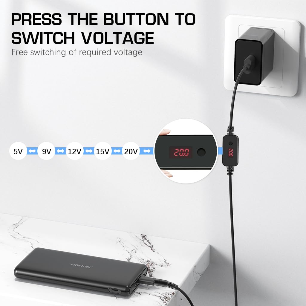 Verilux USB C to DC Cable for Laptops and Routers with 11 Tips and 3.3 ft Length | Adjustable 5V‑20V Output and LED Voltage Display