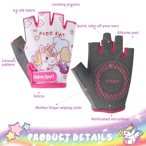 Proberos® Fingerless Riding Gloves for Kids Teen Girls Unicorn Skating Anti-Slip Padded Palm Design Breathable Sweat-Absorption Outdoor Sport S 3PCS