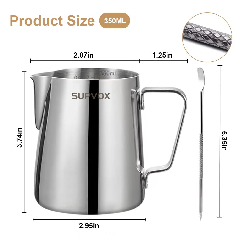 Zeitel Milk Frothing Pitcher for Latte Art with 12oz Scale and V Shape Nozzle | Stainless Steel