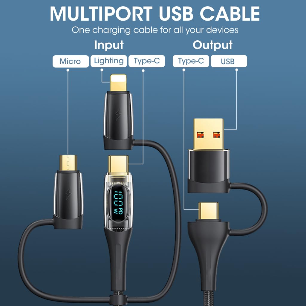 Verilux® Multi USB C/USB A Charging Cable, 100W Fast Charging Cable with LED Display USB Charging Cord with Type C/Micro/Light-ning Connectors Universal Charging Cable for Phone/Tablet/Smart Watch