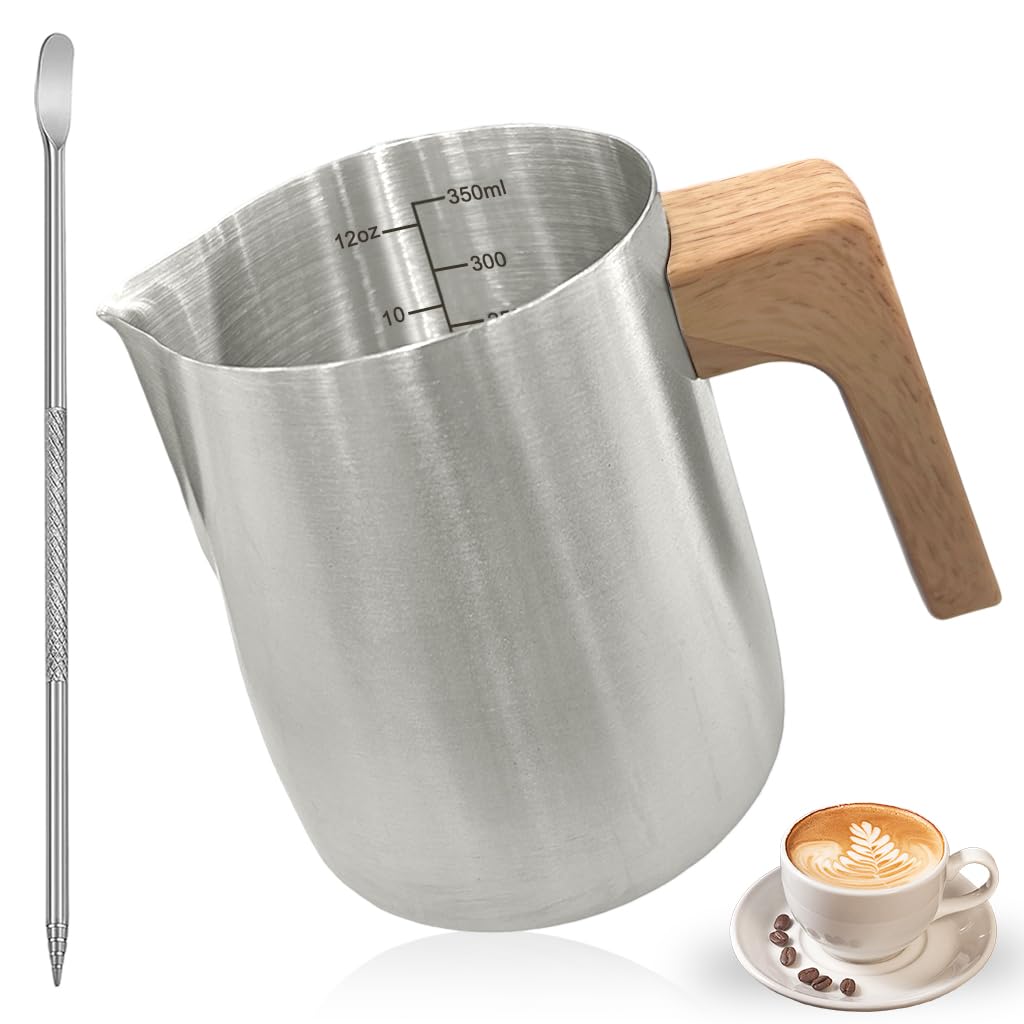 Supvox Milk Frothing Pitcher 350ml with Latte Art Pen featuring V Shape Nozzle & Wood Handle | Stainless Steel Coffee Jug for Barista