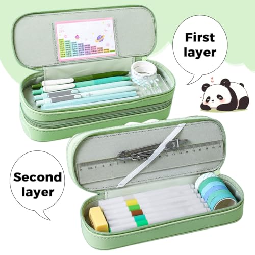 HASTHIP® Panda-1 Large Capacity Double Layer Pencil Case For Girls, Cute Panda Aesthetic Decompression Stationery Pouch, Multifunctional Organizer With Multiple Compartments, One Size, Green, 22×7.5×7.5cm