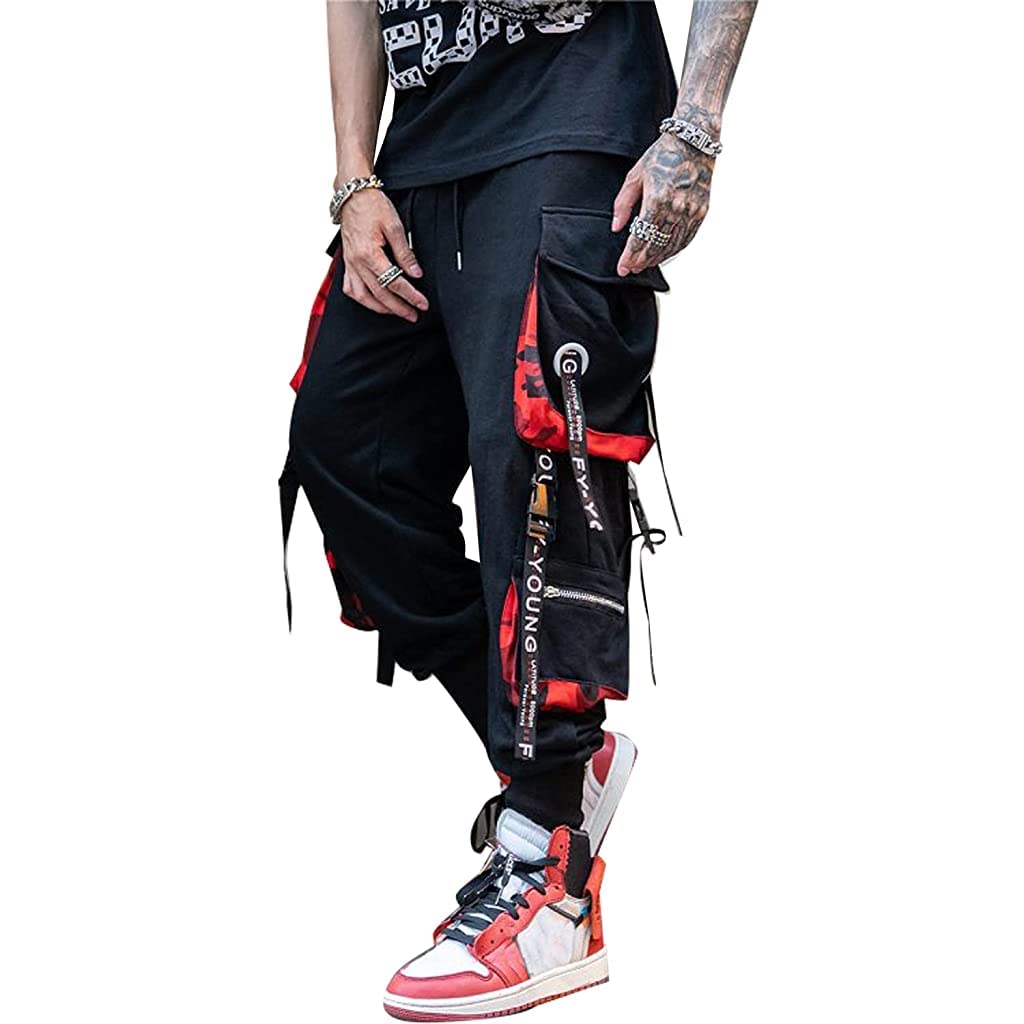 GUSTAVE® Cargo Pant for Men Fashion Jogger Pants Track Pants Casual Street Dance Cool Kpop Drawstring Trousers Sweatpants with Pockets (Size L, Black)