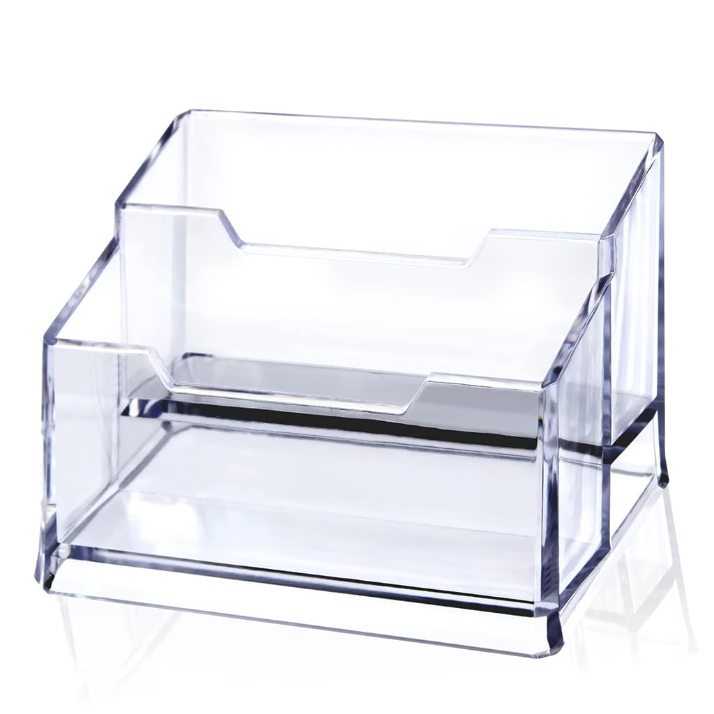 Zibuyu Clear Acrylic 2 Tier Business Card Holder for Desk with Thick Base and 200 Card Capacity