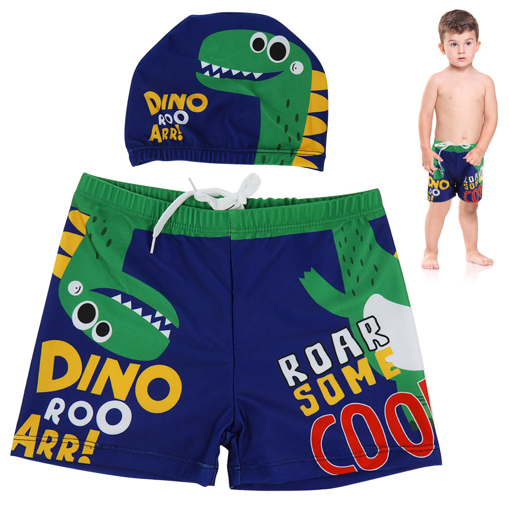 Proberos Boys Swimming Short and Cap Cartoon Dinosaur Polyester Swimming Shorts Elastic Waist Design Summer Swimming Gear for Boys 4-8 Years Old