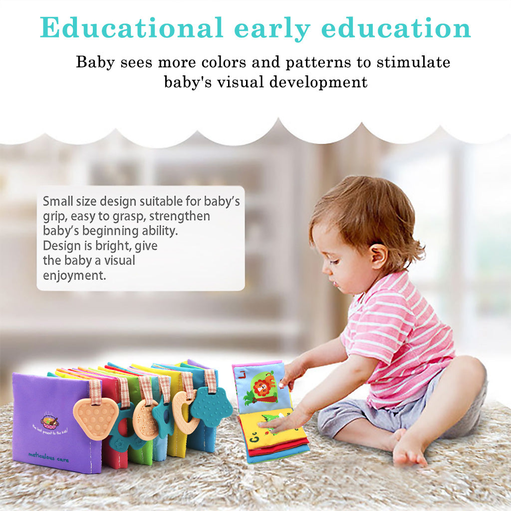 SNOWIE SOFT 6Pcs Baby Cloth Book with Silicone Teether Baby Play Books 10-Page Themed Books Built in Squeaky Cloth Book Sensory Book Early Educational Books for 6-12 Months Shower Gift Baby Gift