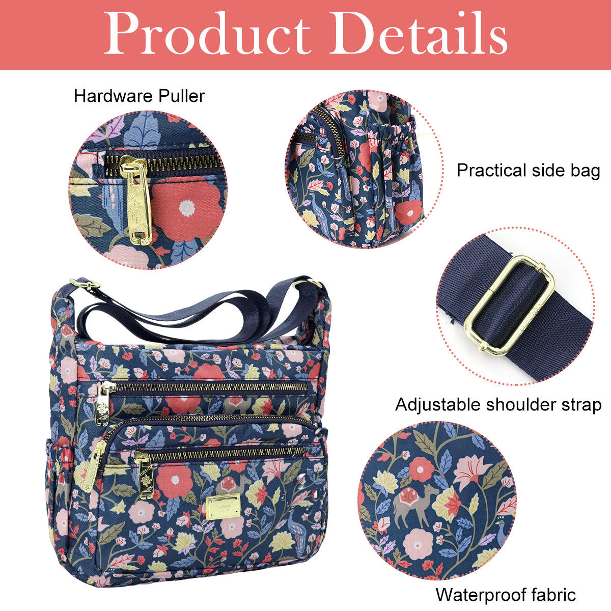 PALAY Women Crossbody Bag Fashion Floral Peacock Print Satchel Travel Bag Multi Layer Nylon Crossbody Bag Casual Day Bag Satchel Handbag