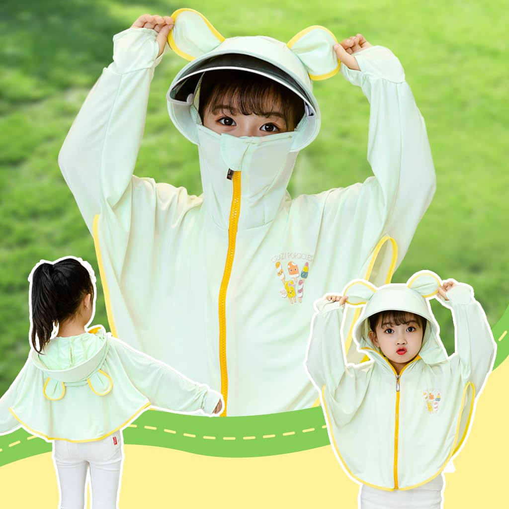 PALAY Sun Protection Hoodie Toddler UV Protection with Protective Goggles Jacket Girls Long Sleeve Shirt UPF50+ Lightweight Hoodie  with Thumb Hole 3-12Years(Suggested height of 120-140cm Green)