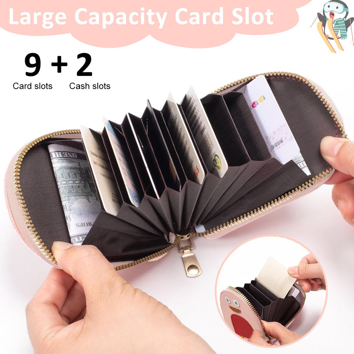 PALAY Girls Card Bag Travel Card Holder with 10 Compartments Wallet Organizer Bag Zipper Pouch PU Cartoon Penguin Zipper Card Bag RFID Blocking Travel