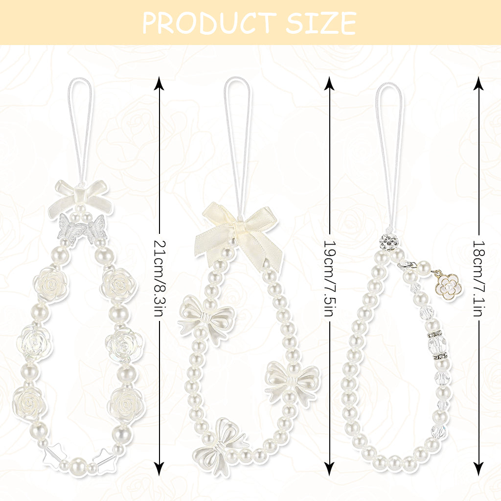 ZORBES 3Pcs Chic Pearl Beaded Phone Charm Lanyard Flower Charm Bow Phone Loop String Phone Strap Phone Grip Lanyard Cute Girls Phone Charm Fashion Beaded Phone Chain Gifts for Girls.