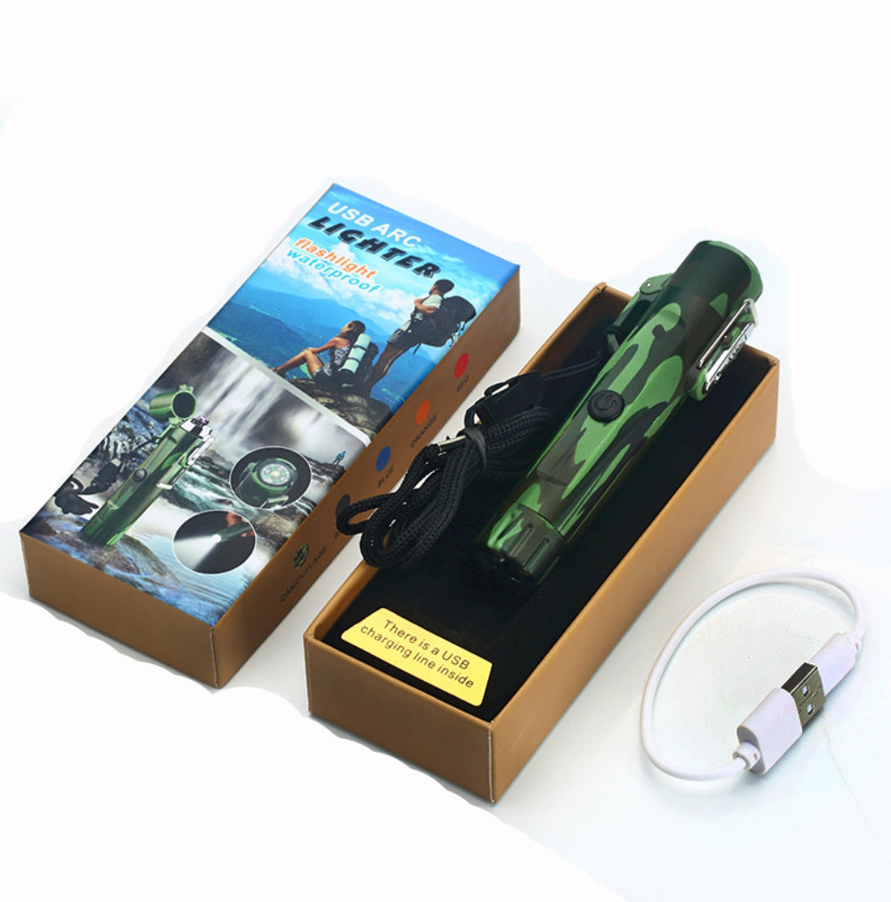ELEPHANTBOAT® 3 in1 Electric Lighter with Flashlight and Compass, Windproof and Waterproof Rechargeable Dual Arc Plasma Beam Torch Lighter for Camping Hiking Adventure Survival Tactical Gear