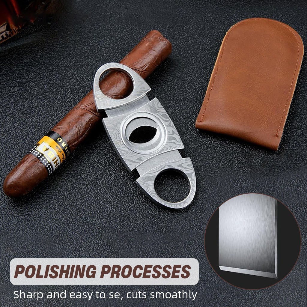 HASTHIP Cigar Cutter Double-Blade Cutter Stainless Steel Guillotine Cigar Cutter with PU Pouch Elegant Etching Patterned Cigar Cutter Cigar Accessories Gift, Silver