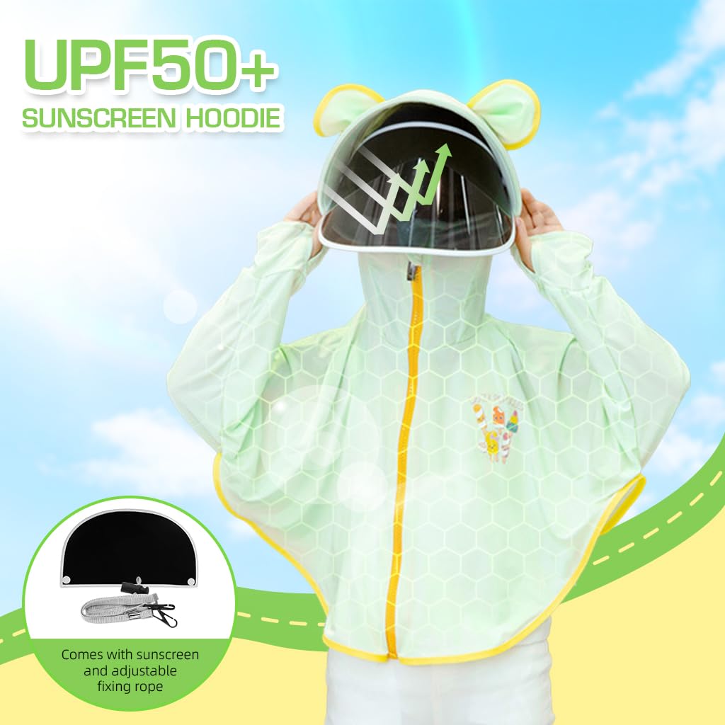 PALAY Sun Protection Hoodie Toddler UV Protection with Protective Goggles Jacket Girls Long Sleeve Shirt UPF50+ Lightweight Hoodie  with Thumb Hole 3-12Years(Suggested height of 120-140cm Green)