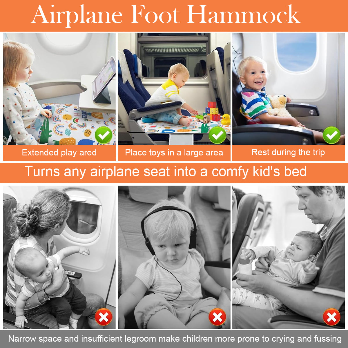 SNOWIE SOFT® Toddler Airplane Bed 77x 44cm Seat Extender for Kids 2 in 1 Hanging Airplane Bed with Removable Cartoon Print Blanket Travel Airplane Bed Airplane Foot Rest for Kids 3-5 Years Old