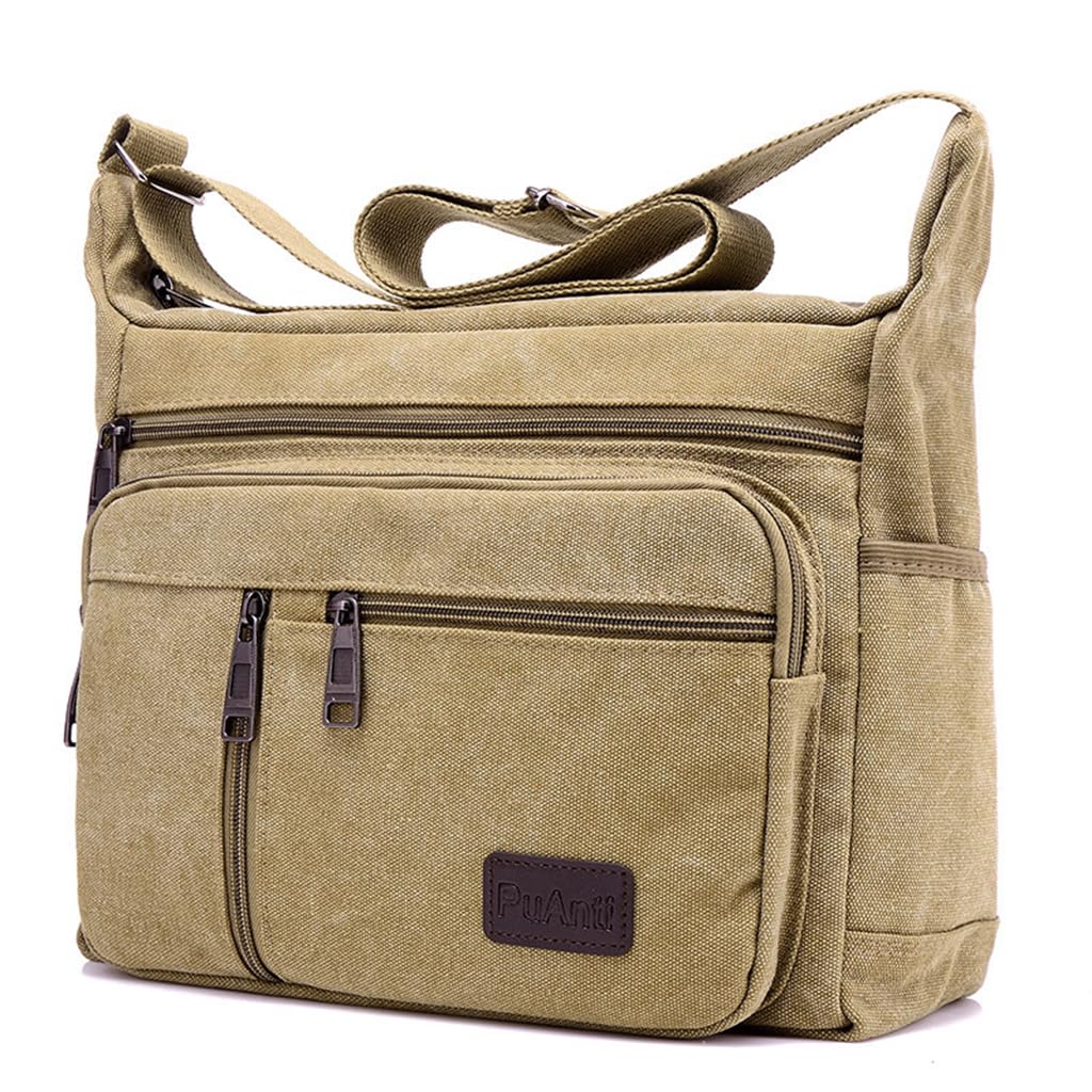 ZIBUYU Sling Bag for Men Crossbody Bag Khaki Canvas Messenger Shoulder Bag Multi-pocket Satchel Crossbody Bag for Mens Side Bags for Men Stylish for Adults, Men and Women