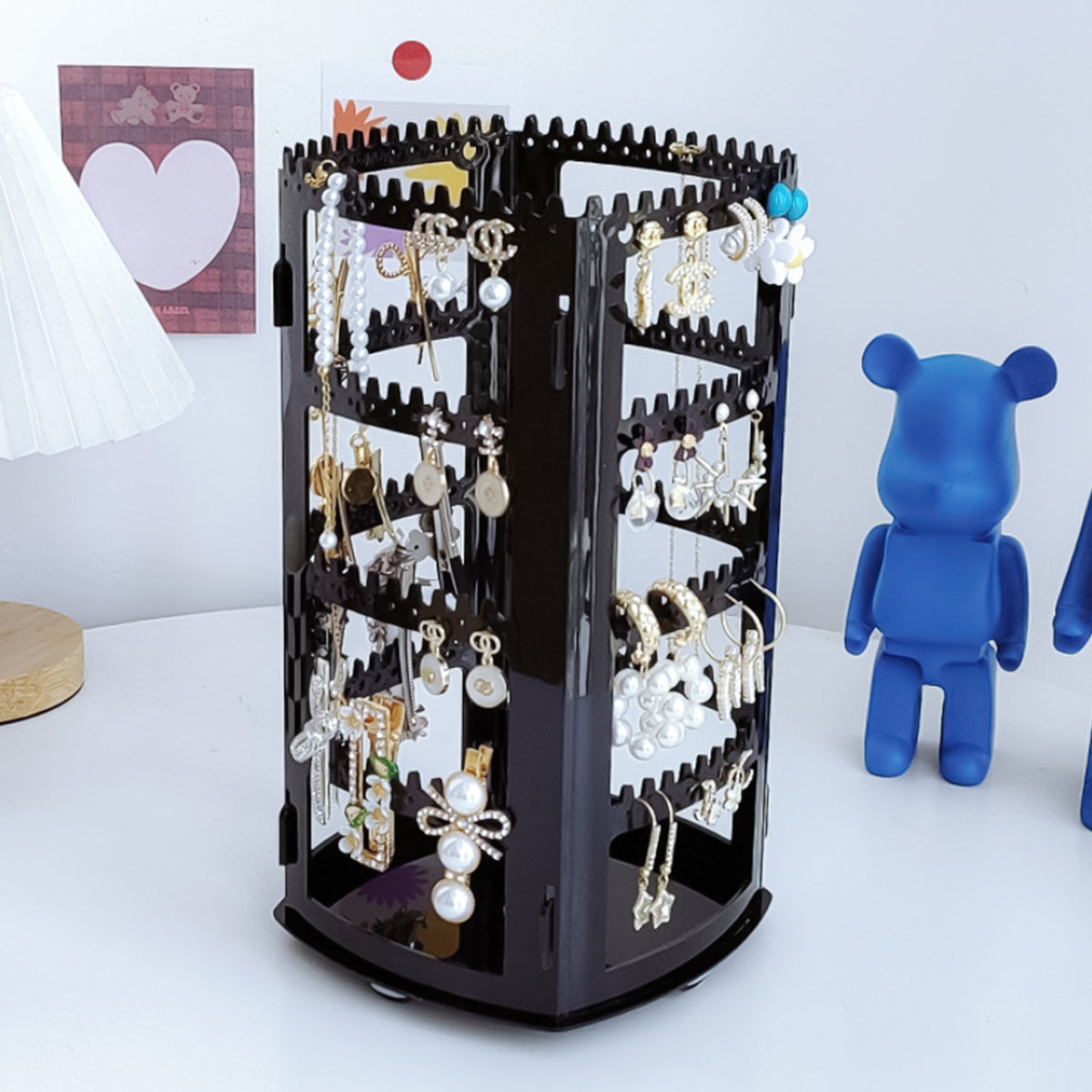 HASTHIP 360 Rotating Earring Holder and Jewelry Organizer, 4 Tiers Jewelry Rack Display Classic Stand, 156 Holes and 160 Grooves for Necklaces Earrings Piercings (Black)