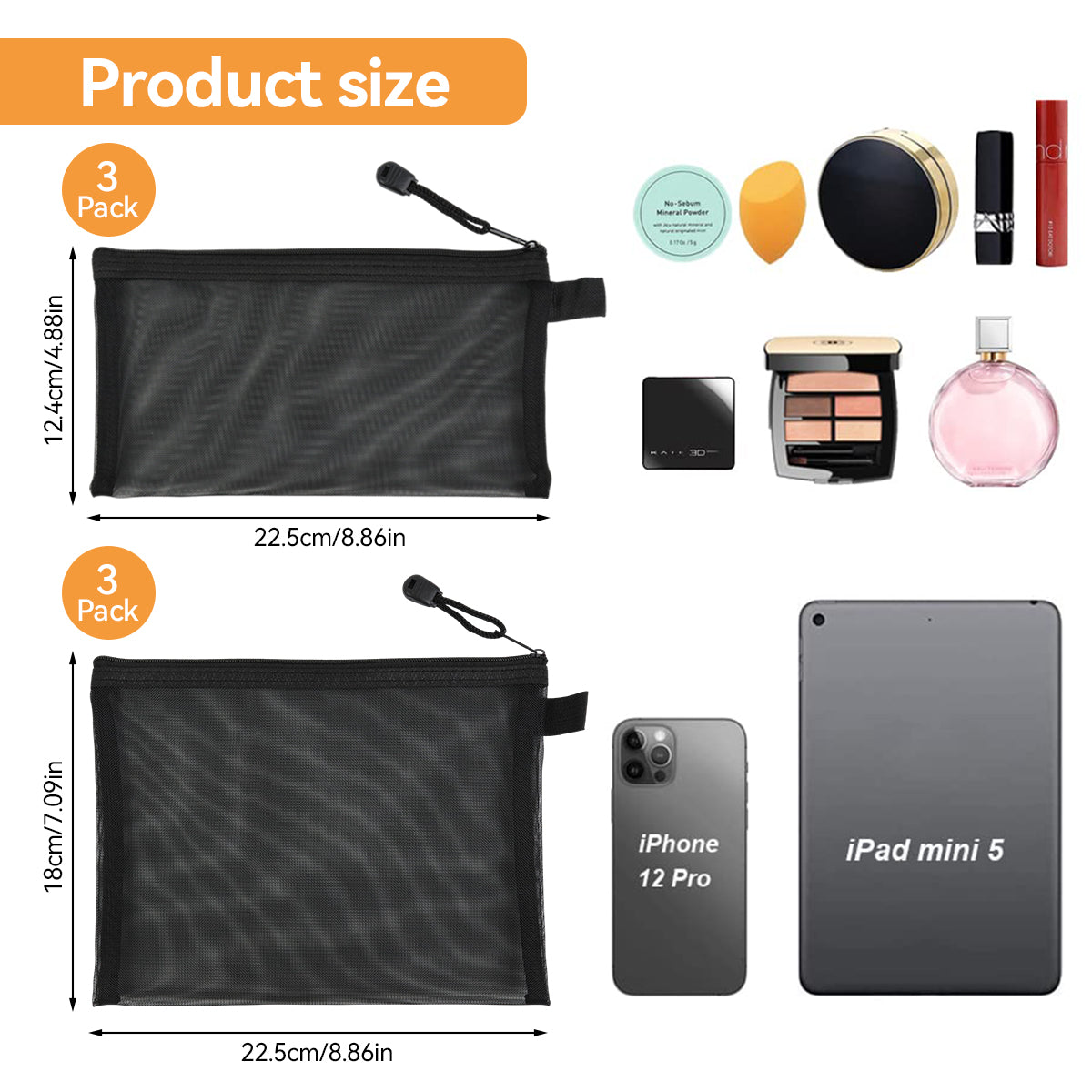 ZIBUYU® 6 Pack Mesh Cosmetic Bags, Nylon Makeup Pouches with Zipper for Home Office Purse Diaper Bag (Black)