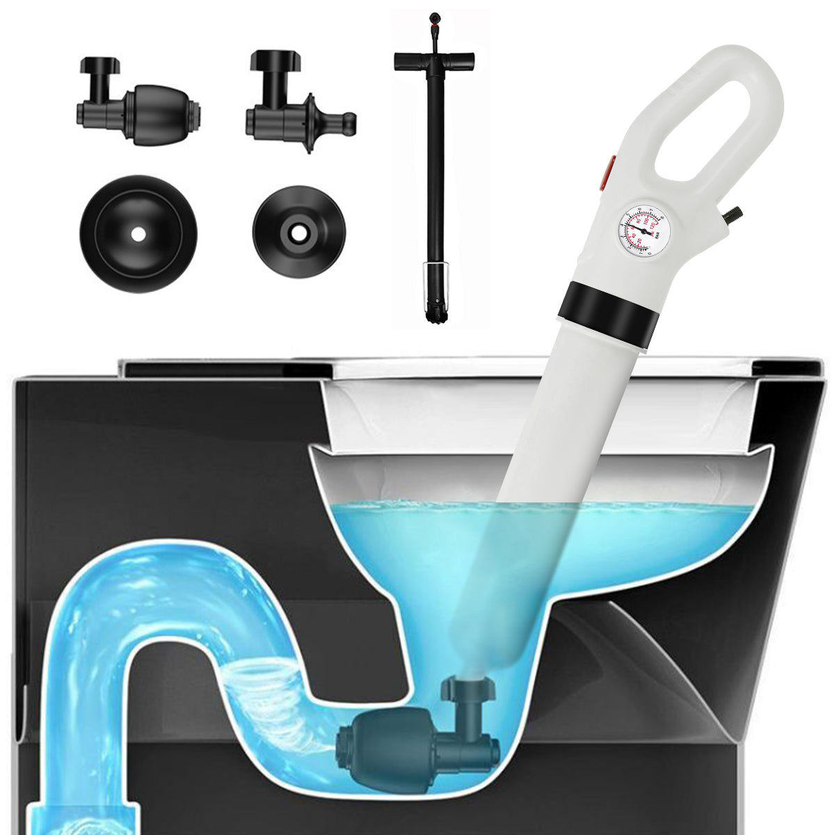 HASTHIP Toilet Plunger Safe Pressurized Air Drain Plunger Tool with Air Pump Trigger Design Manual Pneumatic Clog Cleaner Tool with Interchangeable Attachment Heads, for Kitchen Sink, Toilet