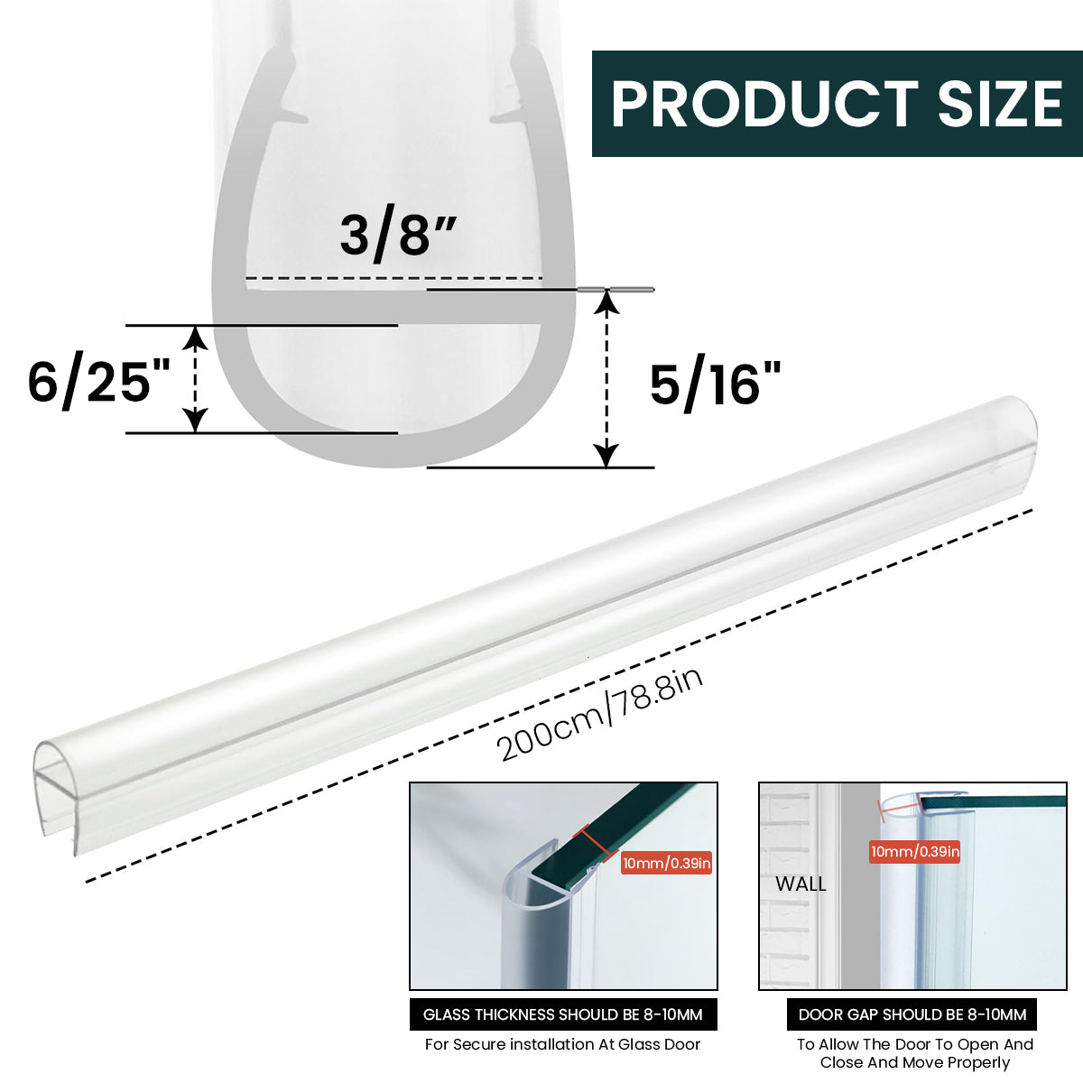 HASTHIP Shower Door Seal, 6.6Ft Glass Shower Door Sweep for 3/8Inch Frameless Shower Door Side Seal U-Type Door Seal Strips Waterproof Door Sealing Jam Stop Leak