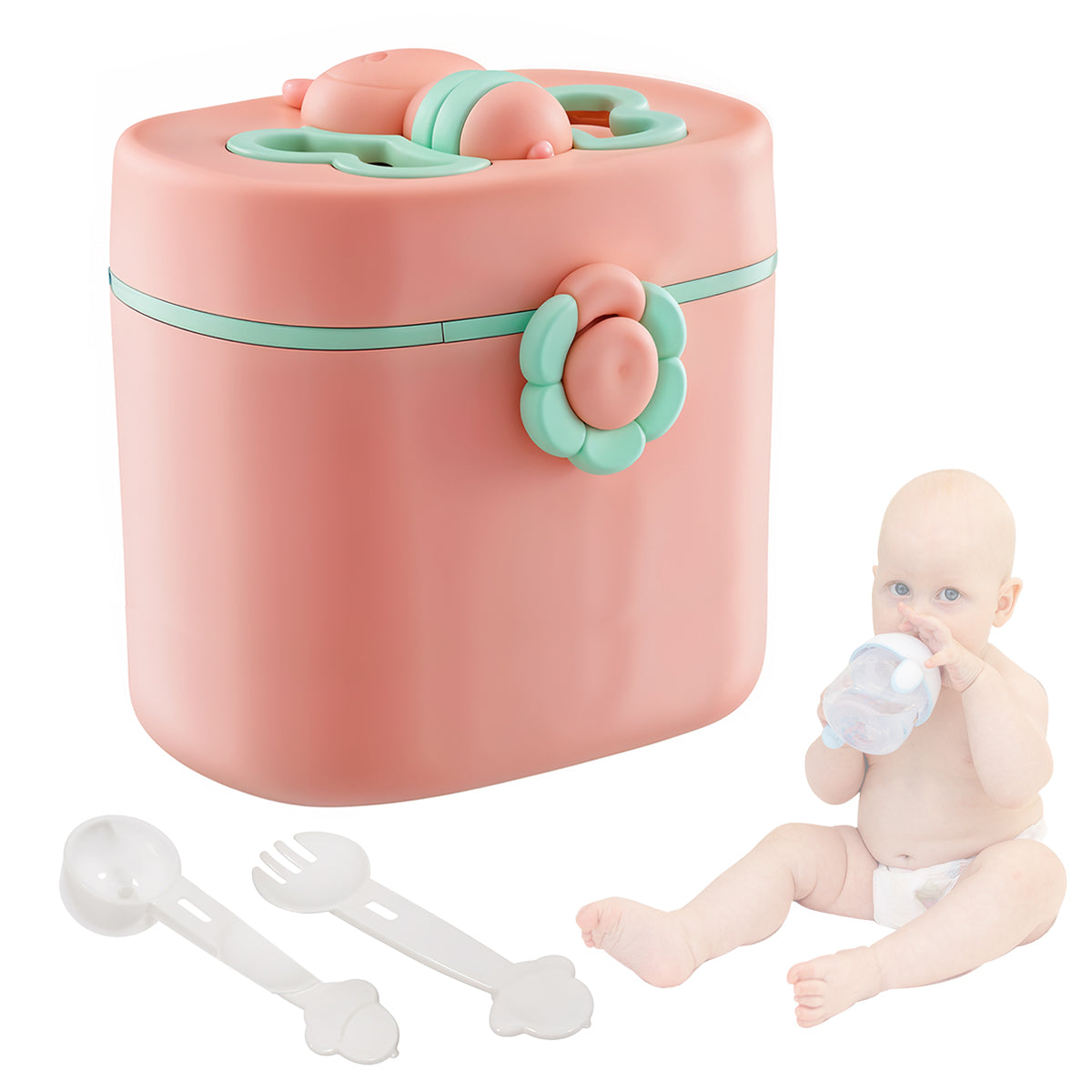 SNOWIE SOFT 600ml Baby Milk Powder Container with Spoon & Fork Anti-leak Travel Baby Formula Dispenser Cute Little Bee Handle Design Multiuse Food Containers Outdoor Baby Food Snack Box