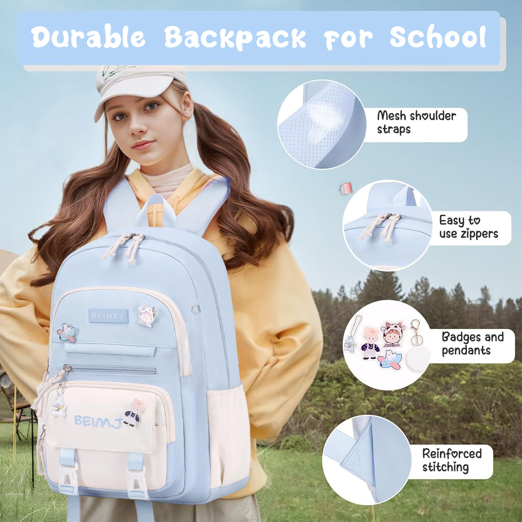 Climberty® Girls School Backpack Kawaii Blue School Book Bag Multi Compartment 15.6 inches Travel Backpack School Bag for Girls 6-12 Years Old Birthday Gift Christmas Gift, 32x15x45cm