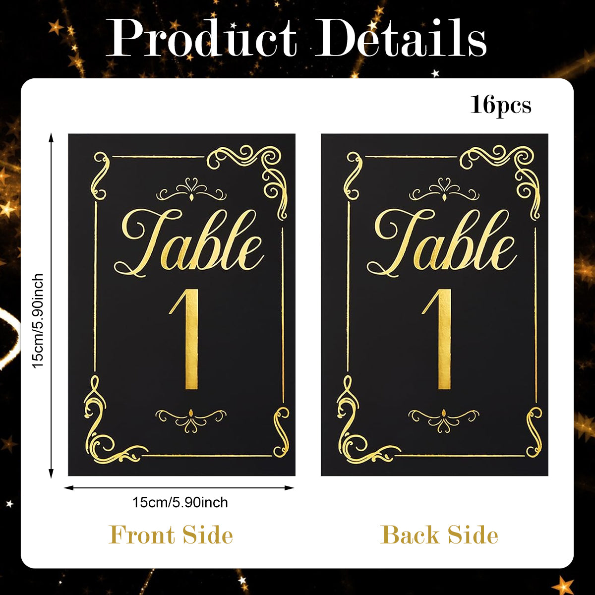 HASTHIP 16Pcs Table Number Cards with 16 Metal Wire Holders Elegant Metallic Texture Black Golden Hard Cards Heart-shaped Wire Card Holders Guests Wedding Tables Cards
