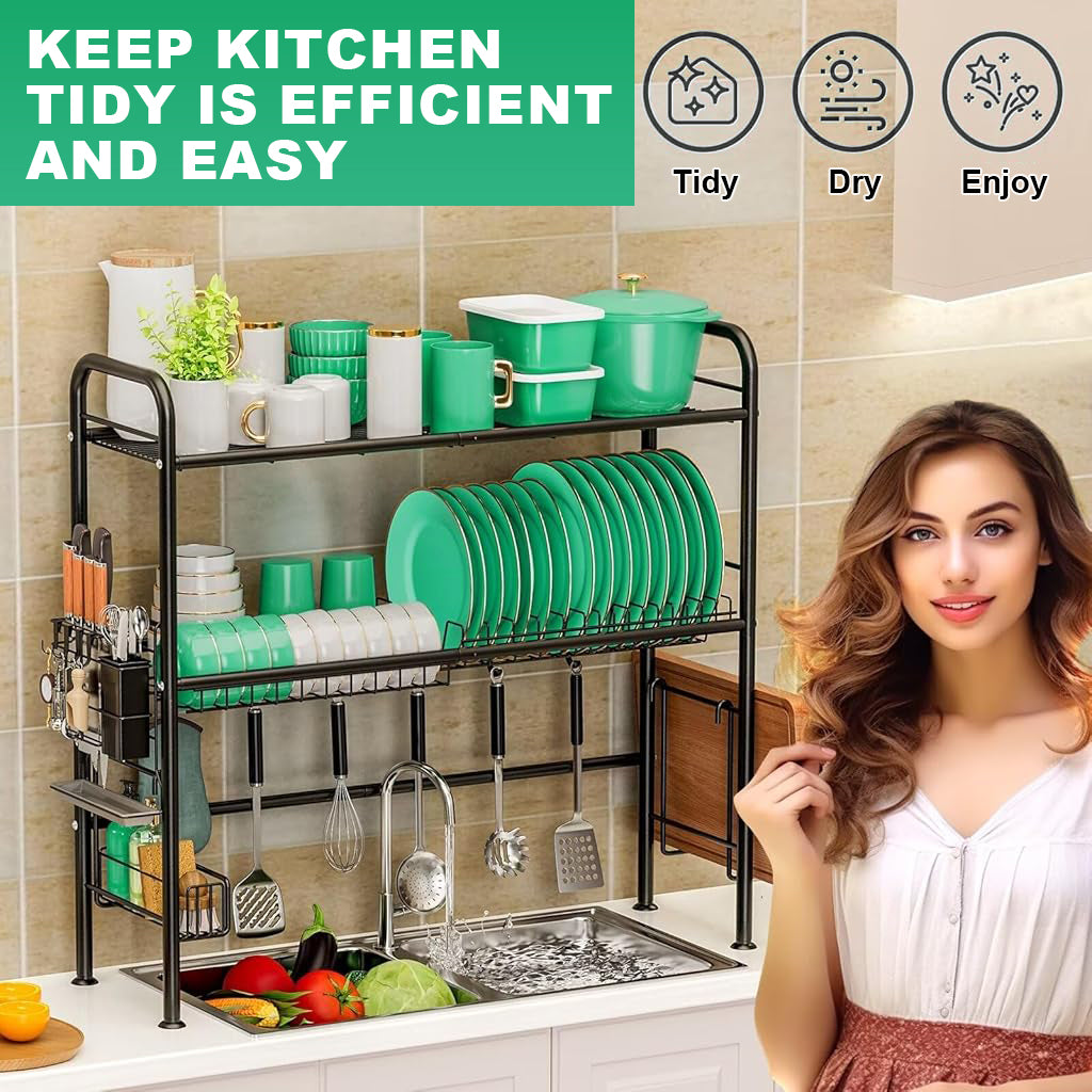 HASTHIP Kitchenware Storage Rack Stainless Steel Over The Sink Kitchen Organizer Double Layer Cup Holder Dish Drainer Rack Kitchen Organizer, 33.5x10x31.9inches