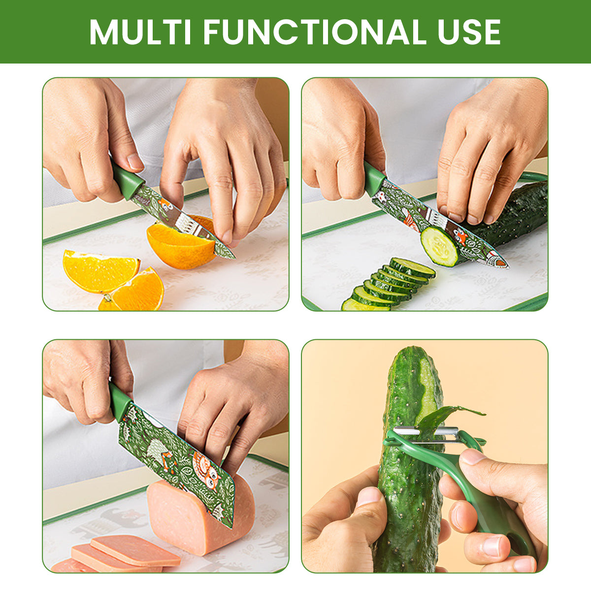 Supvox 5Pcs Stainless Steel Kitchen Knife - Chef Knife, Meat Cleaver, Fruit Cutter, Peeler and Stainless Steel Egg Fryer, Animal Forest Themed Printed Kitchen Supplies, Kitchen Tools for Cooking