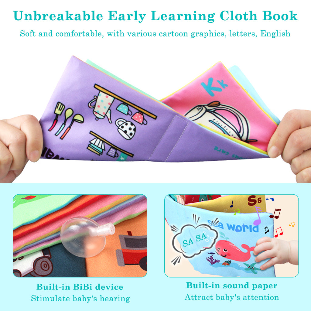 SNOWIE SOFT 6Pcs Baby Cloth Book with Silicone Teether Baby Play Books 10-Page Themed Books Built in Squeaky Cloth Book Sensory Book Early Educational Books for 6-12 Months Shower Gift Baby Gift