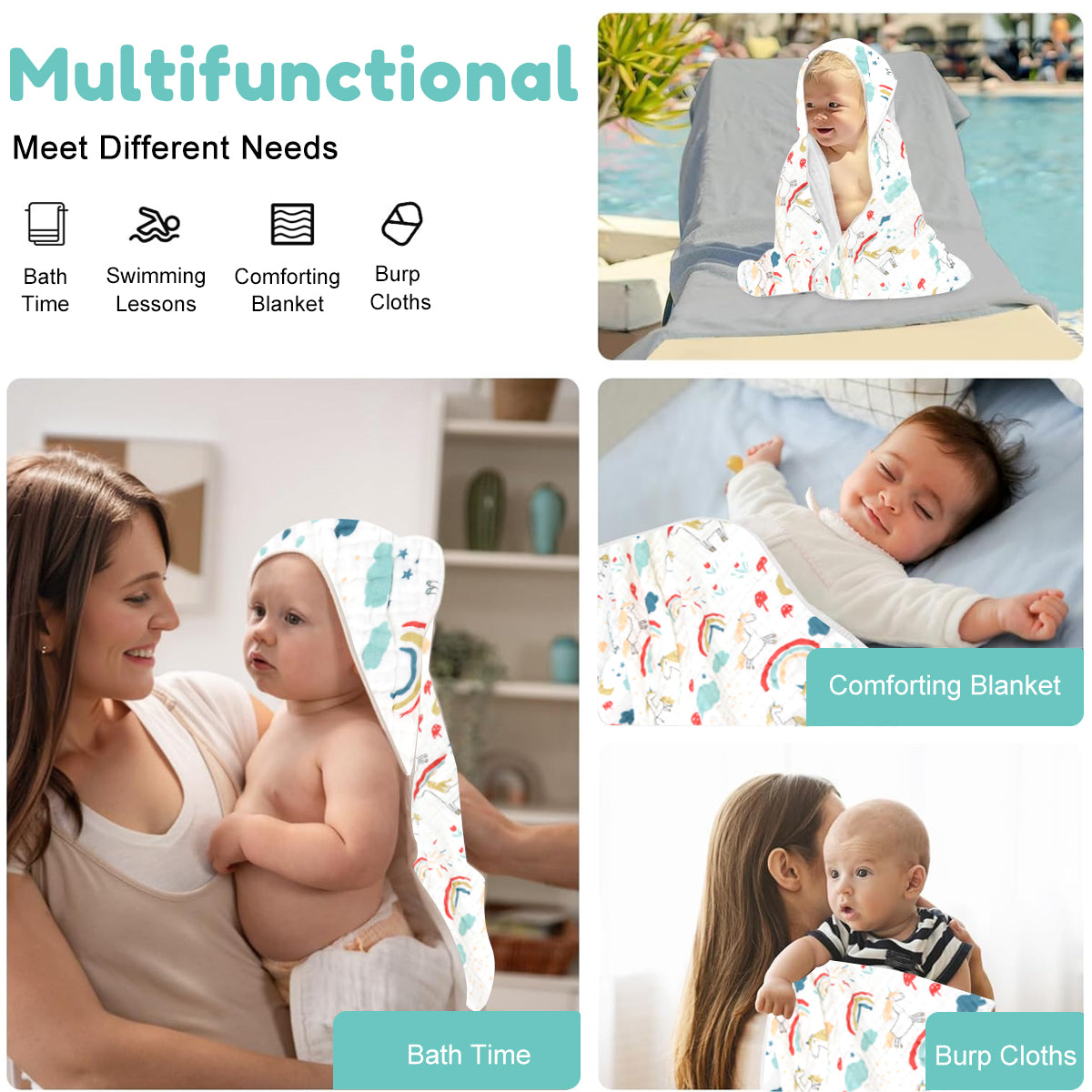 SNOWIE SOFT Baby Infant Bath Wrap Hooded New Born Wrap Ultra Soft Cotton Baby Swaddle Absorbent Baby Bath Wrap Bath Towel Cute Cartoon Baby Swaddle Bath Towel Shower Gift for Baby Girls Boys, 90x90cm