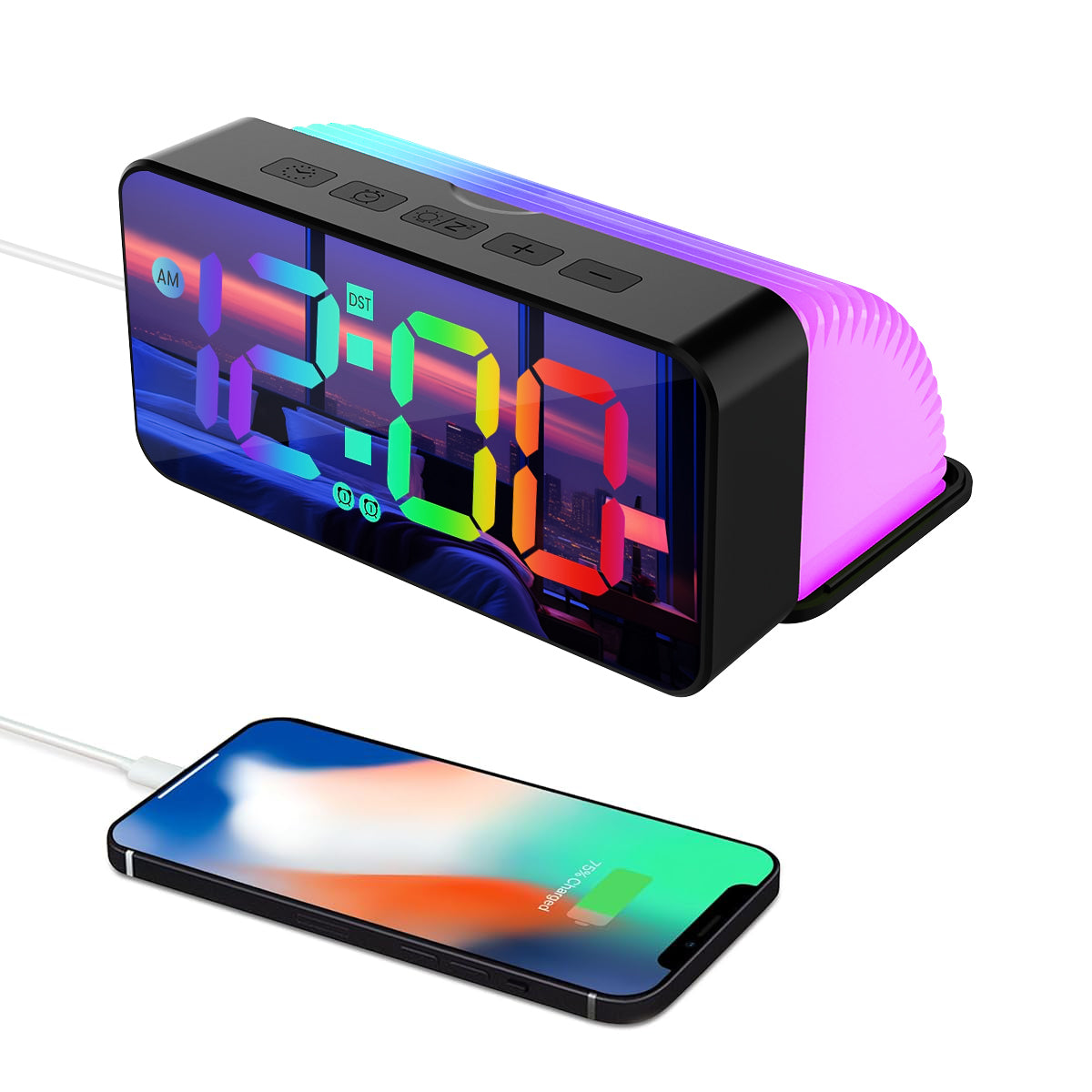 HASTHIP LED Digital Alarm Clock RGB Color Screen Digital Alarm Clock Sound Activated USB Rechargeable Alarm Clock with Memory Function & Support Phone Charging, Fashion Folding LED Desk Alarm Clock