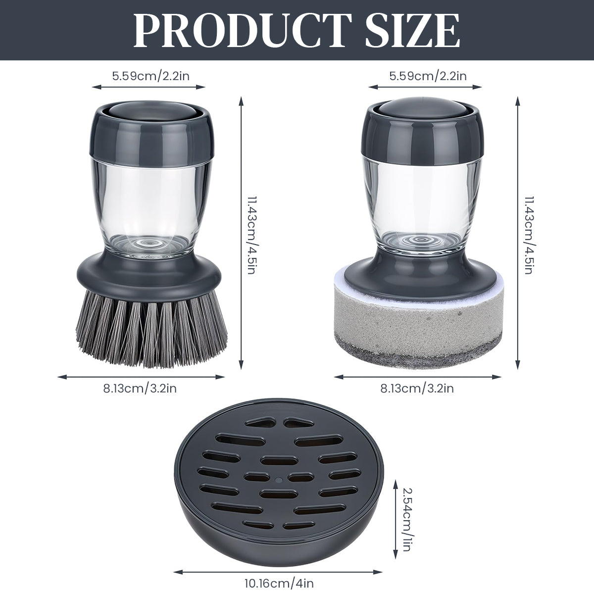 HASTHIP 2 in 1 Liquid Soap Dispenser Kitchen Scrubber Brush with Drip Tray & 2 Replacement Scrub Sponges Kitchen Dish Brush Scouring Pad Brush Pan Scrubber Oil Stain Cleaning Brush