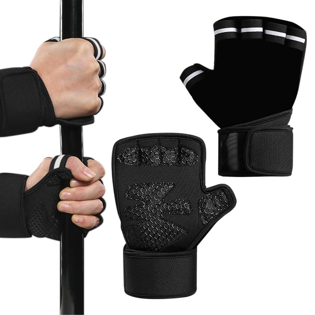 Proberos Fitness Gloves, Gym Gloves with Wrist Support Accessories, Anti Slip Palm Design Summer Breathable Fingerless Gym Gloves for Battling Ropes, Weight Lifting, L