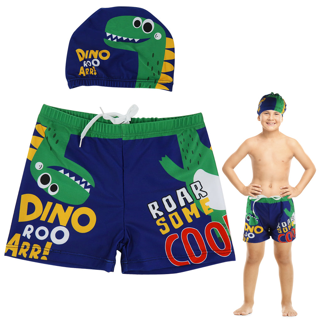 Proberos Boys Swimming Short and Cap Cartoon Dinosaur Polyester Swimming Shorts Elastic Waist Design Summer Swimming Gear for Boys 8-12 Years Old